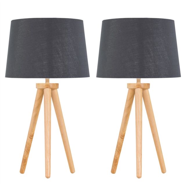 First Choice Lighting Set of 2 Light Oak Table Lamp or Bedside Lights with Grey Silver Shade in Brown - image 1