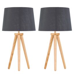 First Choice Lighting Set of 2 Light Oak Table Lamp or Bedside Lights with Grey Silver Shade in Brown