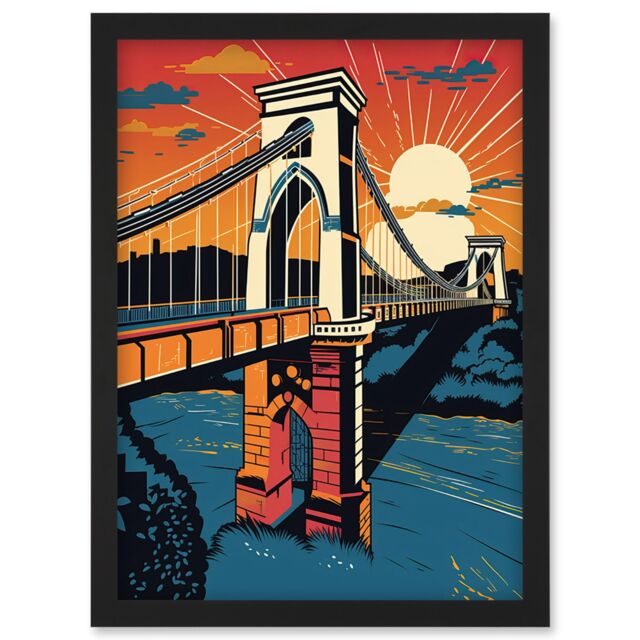 Artery8 Clifton Suspension Bridge Sunset Modern Pop Art Artwork Framed Wall Art Print A4 in Black - image 1