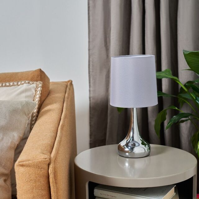 ValueLights Teardrop Pair Fabric Shades Brushed Chrome Touch Table Lamps & Bulbs in Grey - image 1