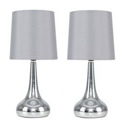 ValueLights Teardrop Pair Fabric Shades Brushed Chrome Touch Table Lamps & Bulbs in Grey - thumbnail 2
