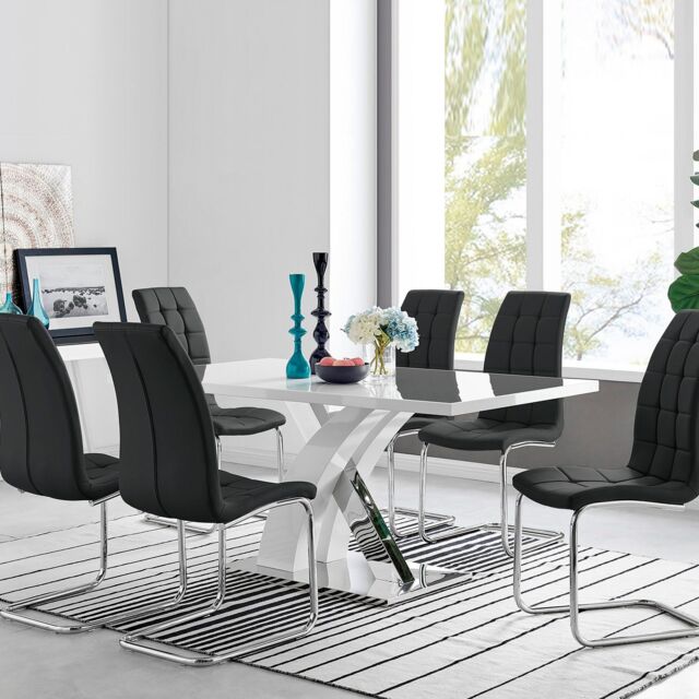 FurnitureboxUK Atlanta Modern Rectangle Chrome Metal High Gloss White Dining Table & 6 Murano Chairs Set in Black - image 1