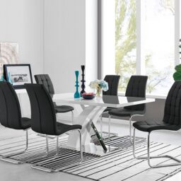 FurnitureboxUK Atlanta Modern Rectangle Chrome Metal High Gloss White Dining Table & 6 Murano Chairs Set in Black - thumbnail 1