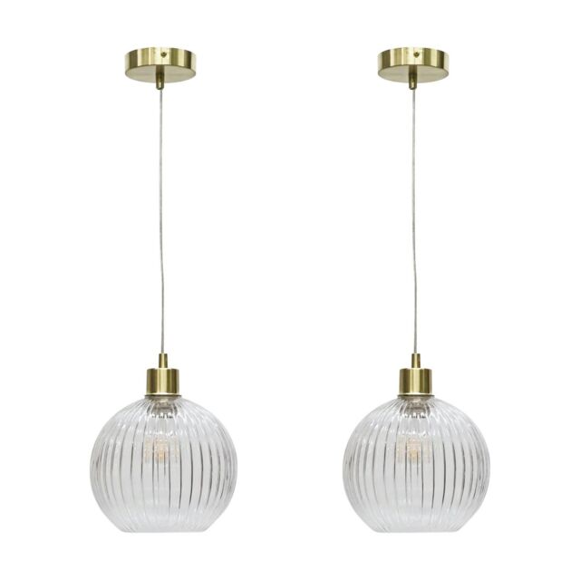 First Choice Lighting Set of 2 Betchley - Clear Ribbed Glass Globe with Satin Brass Pendants - image 1