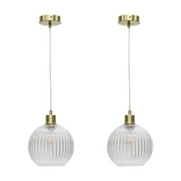 First Choice Lighting Set of 2 Betchley - Clear Ribbed Glass Globe with Satin Brass Pendants - thumbnail 1