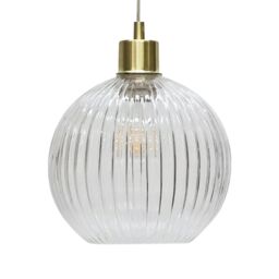 First Choice Lighting Set of 2 Betchley - Clear Ribbed Glass Globe with Satin Brass Pendants - thumbnail 3