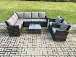 Fimous Rattan Garden Furniture Set Outdoor Lounge Corner Sofa Set With Square Coffee Table 2 Armchairs 8 Seater Dark Grey Mixed - thumbnail 2