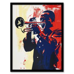 "Artery8 Jazz Music Trumpet Player Portrait Graphic Design Framed Art Print in Red - Size: W12"" x H16""" - thumbnail 1