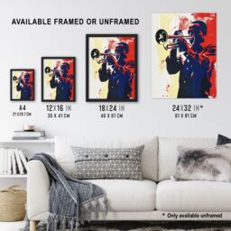 "Artery8 Jazz Music Trumpet Player Portrait Graphic Design Framed Art Print in Red - Size: W12"" x H16""" - thumbnail 3