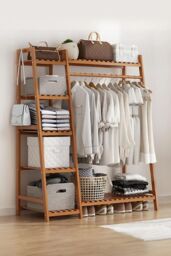 Living and Home Bamboo Clothing Garment Rack 7 Tier Storage Shelf Coat Clothes Hanging Rack in Brown