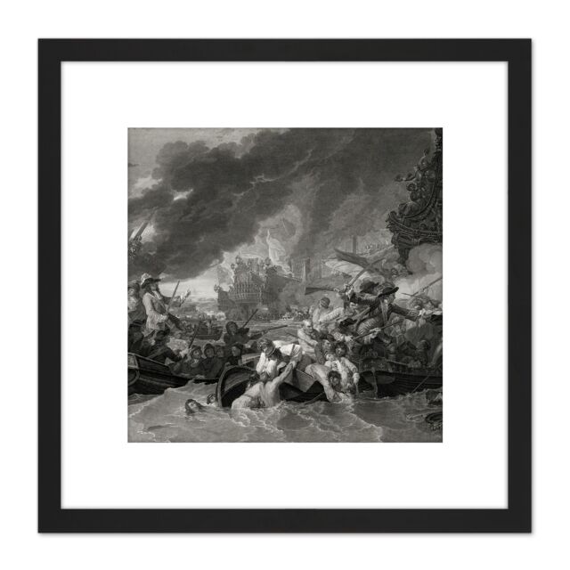 Artery8 Woollett 9 Years War Battle La Hogue Illustration 8X8 Inch Square Wooden Framed Wall Art Print Picture with Mount in Black - image 1