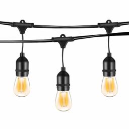 ENER-J 48ft Outdoor LED Festoon String Lights, IP65 Weatherproof, 15 Warm White Filament Bulbs in Black - Size: 25 cm diameter x 19 cm high