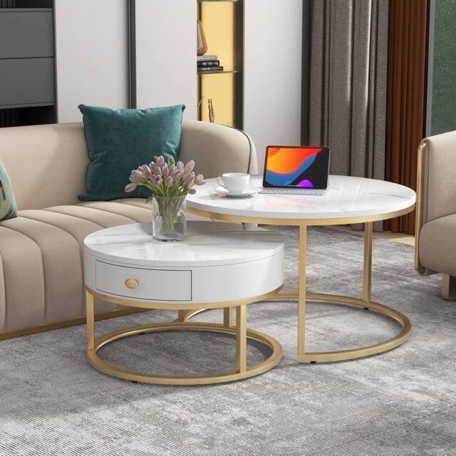 Matteo Round Nesting Coffee Table Set - White Marble Effect & Gold Frame - image 1