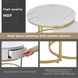 Matteo Round Nesting Coffee Table Set - White Marble Effect & Gold Frame - thumbnail 4
