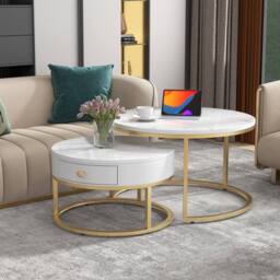 Matteo Round Nesting Coffee Table Set - White Marble Effect & Gold Frame - thumbnail 1