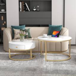 Matteo Round Nesting Coffee Table Set - White Marble Effect & Gold Frame - thumbnail 9