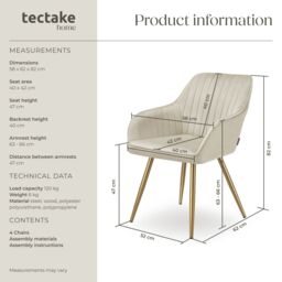 tectake Dining Chair Marilyn Per Piece - Cream/Gold in Cream - Size: 1 Pack - thumbnail 6