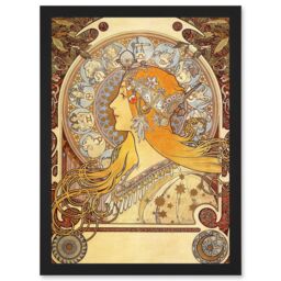 Artery8 Alphonse Mucha Zodiac 1896 Art Nouveau Orange Gold Painting A4 Artwork Framed Wall Art Print in Black - thumbnail 1