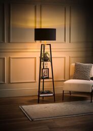 ValueLights Hiru Black 3 Tier Shelf Floor Lamp with Black & Gold Shade & Bulb - thumbnail 2