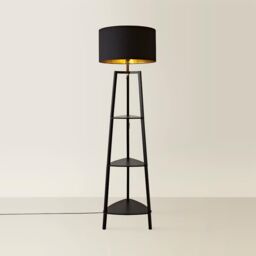 ValueLights Hiru Black 3 Tier Shelf Floor Lamp with Black & Gold Shade & Bulb - thumbnail 3