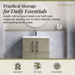 Balterley Bathroom Vanity Basin Unit, Chrome Handles, 600mm, Mid Oak in Brown - thumbnail 4