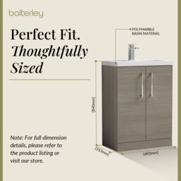 Balterley Bathroom Vanity Basin Unit, Chrome Handles, 600mm, Mid Oak in Brown - thumbnail 5