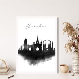ARTZE Barcelona Watercolour Skyline City Framed Print SIZE: A3 with White Frame in Black - Size: A4 - thumbnail 2