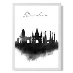 ARTZE Barcelona Watercolour Skyline City Framed Print SIZE: A3 with White Frame in Black - Size: A4 - thumbnail 1