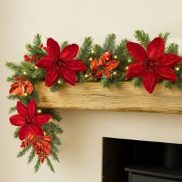 Marco Paul 9ft Pre Lit Christmas Garland With Lights Luxury Red Magnolia in Green - Size: 270 cm x 35 cm