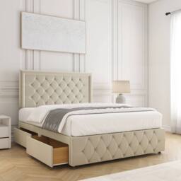 "BSSPOKE Lena Plush Velvet Divan Bed 24""Headboard & Footboard Mattress 4Drawers in Cream - Size: King" - thumbnail 1