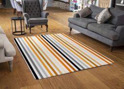 Benjamin Tate Design Striped Pattern, Orange Black Gray Beige & Brown Designer Rug in Natural - Size: Large - thumbnail 2
