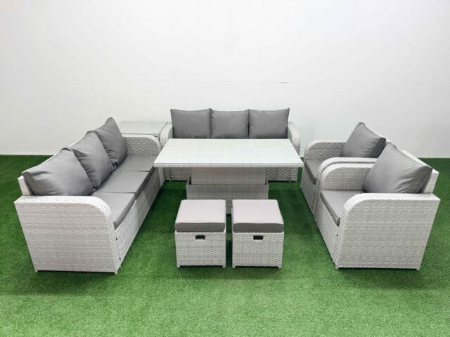 Fimous PE Rattan High Back Lounge Sofa Set Patio Adjustable Lifting Dining or Coffee Table & Chairs Set w/ 3 Seater Sofa Reclining Chair Stools Side - image 1