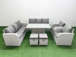 Fimous PE Rattan High Back Lounge Sofa Set Patio Adjustable Lifting Dining or Coffee Table & Chairs Set w/ 3 Seater Sofa Reclining Chair Stools Side - thumbnail 1