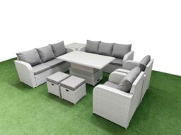Fimous PE Rattan High Back Lounge Sofa Set Patio Adjustable Lifting Dining or Coffee Table & Chairs Set w/ 3 Seater Sofa Reclining Chair Stools Side - thumbnail 2