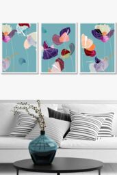 ARTZE Set of 3 White Framed Graphical Colourful Spring Flowers Triptych Wall Art - Size: W53 cm x H73 cm x D20mm