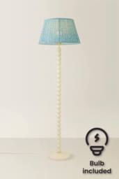ValueLights Bobbin Leaf Printed Pleated Shade Cream Bobble Floor Lamp with Bulb in Mid Blue - thumbnail 1