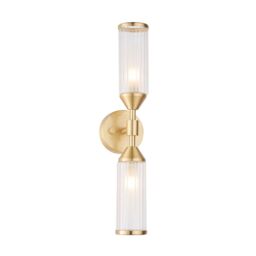 Loops Satin Brass Twin Wall Light & Ribbed Glass Shades - Frosted Glass Inner Defusers in Clear