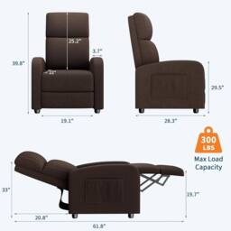 London Boutique Manual Recliner Chair Adjustable Single Sofa w/Cushion & Side Pocket in Brown - thumbnail 3