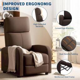 London Boutique Manual Recliner Chair Adjustable Single Sofa w/Cushion & Side Pocket in Brown - thumbnail 7