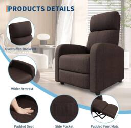 London Boutique Manual Recliner Chair Adjustable Single Sofa w/Cushion & Side Pocket in Brown - thumbnail 5