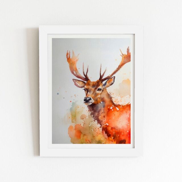 "Warren Reed - Designer Majestic Stag Watercolour Framed Art Print in White - Size: W24"" x H36""" - image 1