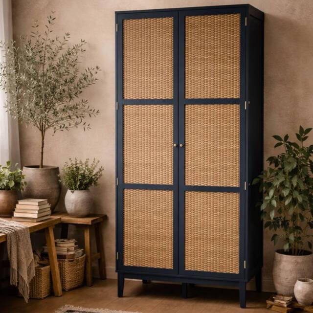 Wyld Haus Waterford Blue Oak & Rattan 2 Door Wardrobe - image 1