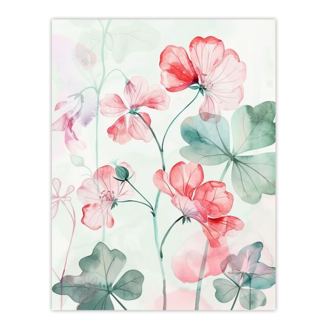 "Artery8 Red Pastel Geranium Flowers Modern Watercolour Wall Art Print in Pink - Size: W24"" x H32""" - image 1