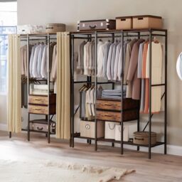 Pirlo Plush Industrial Rustic Open Wardrobe Garment Rail With Storage Shelves & Drawers in Brown - thumbnail 2