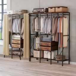 Pirlo Plush Industrial Rustic Open Wardrobe Garment Rail With Storage Shelves & Drawers in Brown - thumbnail 1