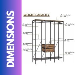 Pirlo Plush Industrial Rustic Open Wardrobe Garment Rail With Storage Shelves & Drawers in Brown - thumbnail 6