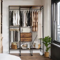 Pirlo Plush Industrial Rustic Open Wardrobe Garment Rail With Storage Shelves & Drawers in Brown - thumbnail 4
