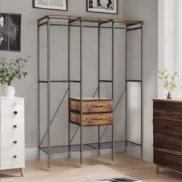 Pirlo Plush Industrial Rustic Open Wardrobe Garment Rail With Storage Shelves & Drawers in Brown - thumbnail 3