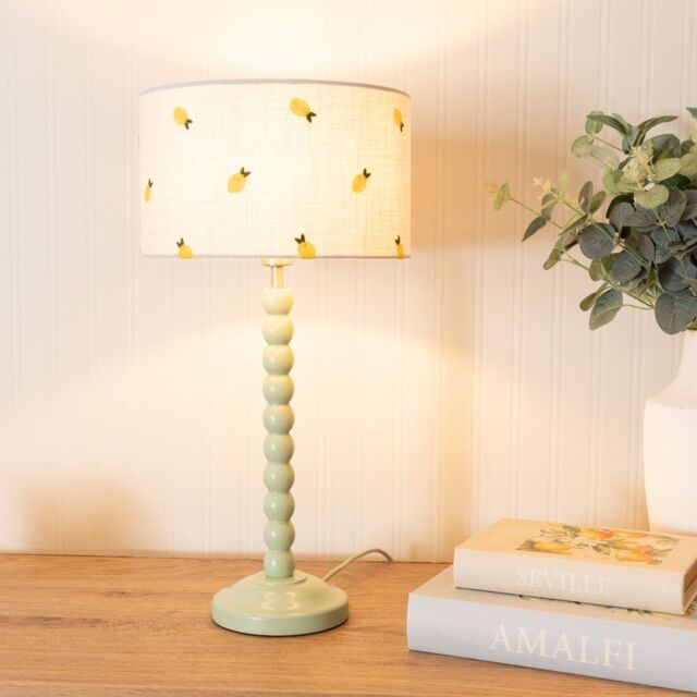 ValueLights Bobbins Sage Green Table Lamp with Lemon Embroidered Drum Shade & LED Bulb in Pale Green - image 1