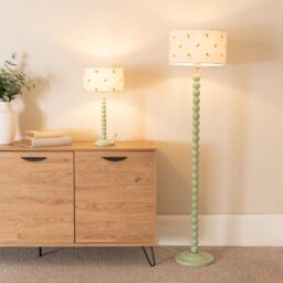ValueLights Bobbins Sage Green Table Lamp with Lemon Embroidered Drum Shade & LED Bulb in Pale Green - thumbnail 4